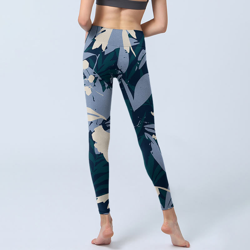 Blue Plant Leaves Print Gym Leggings Women's Yoga Pants