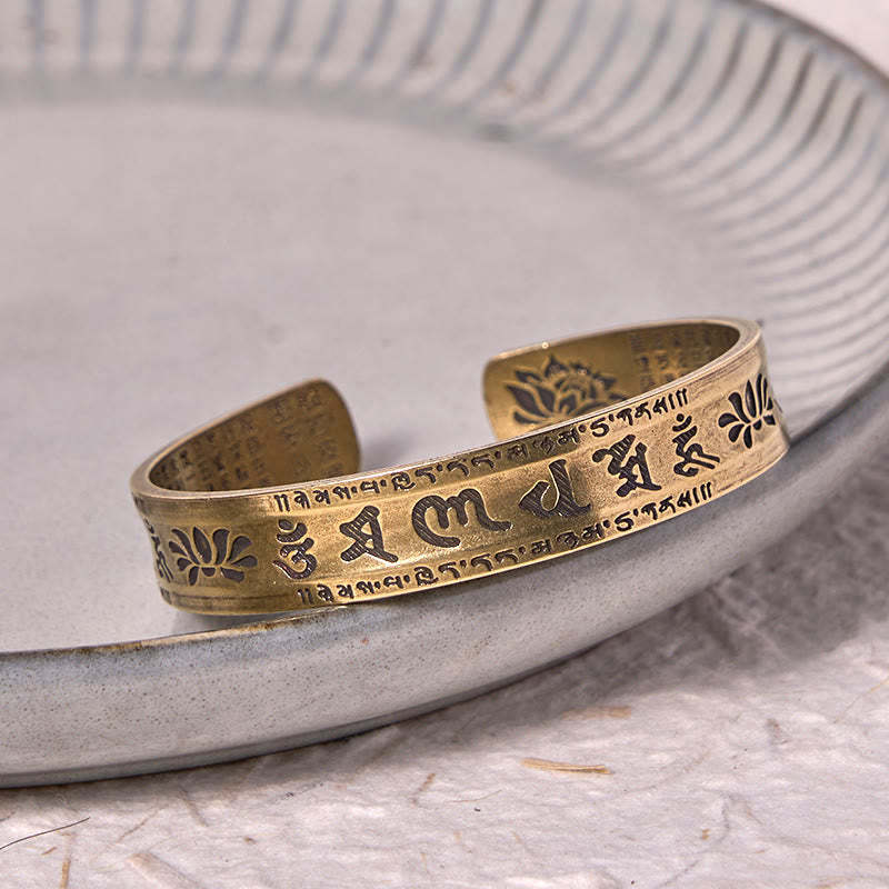 Six True Words 'om Mani Padme Hum' Heart Sutra Lotus Copper Brass Peace Cuff Bracelet Bangle