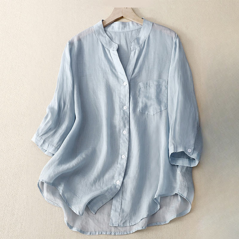 Casual Plain Women's V-Neck Design Three Quarter Sleeve Cotton Viscose Shirt