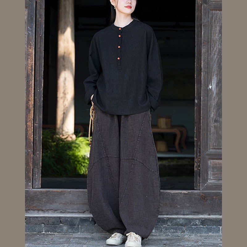 Solid Color Loose Button Blouse Long Sleeve Shirt Top