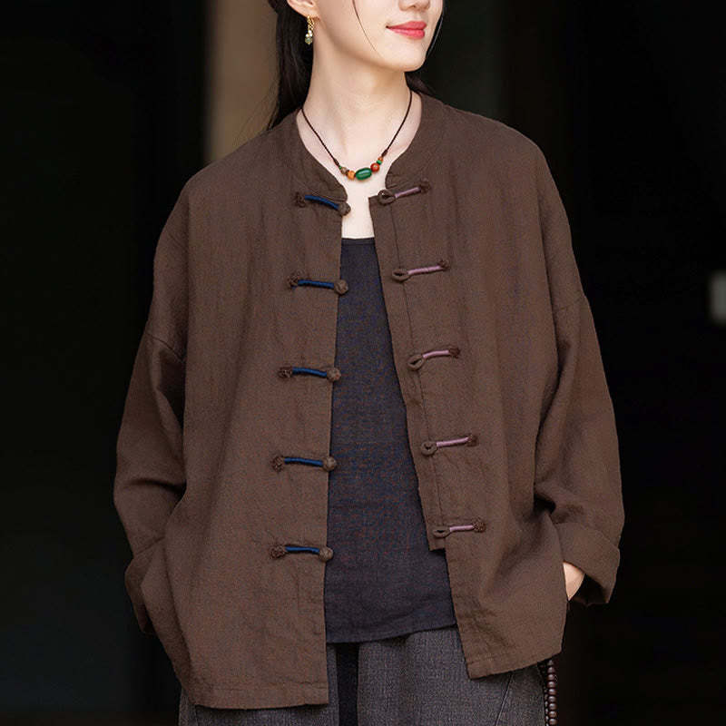 Solid Color Two-color Frog-button Long Sleeve Ramie Linen Women's Shirt