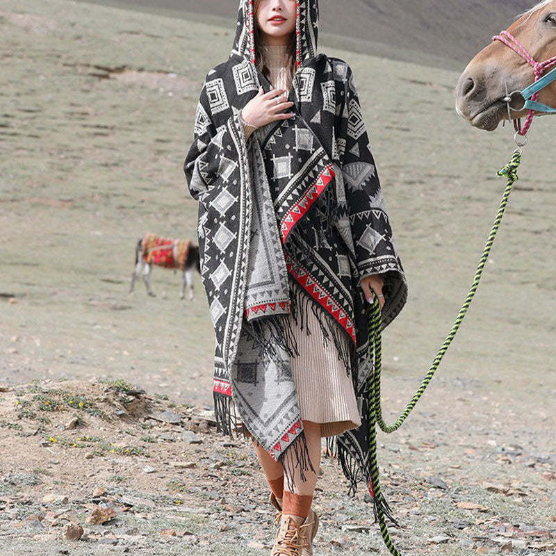 Tibetan Shawl Triangle Pattern Hooded Cloak Winter Cozy Travel Scarf Wrap