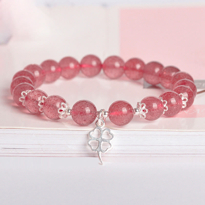 925 Sterling Silver Strawberry Quartz Four Leaf Clover Love Bracelet