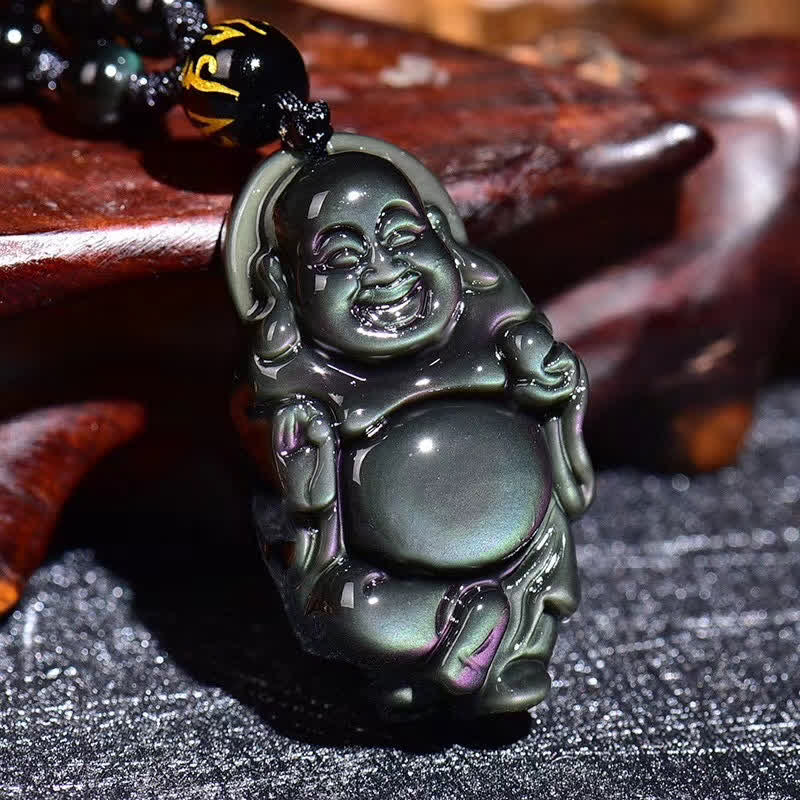 Natural Rainbow Obsidian Laughing mystic zen Inner Peace Necklace Pendant