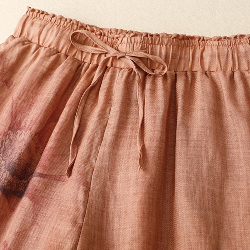 Floral Print High Waist Cotton Linen Drawstring Wide Leg Pants With Pockets