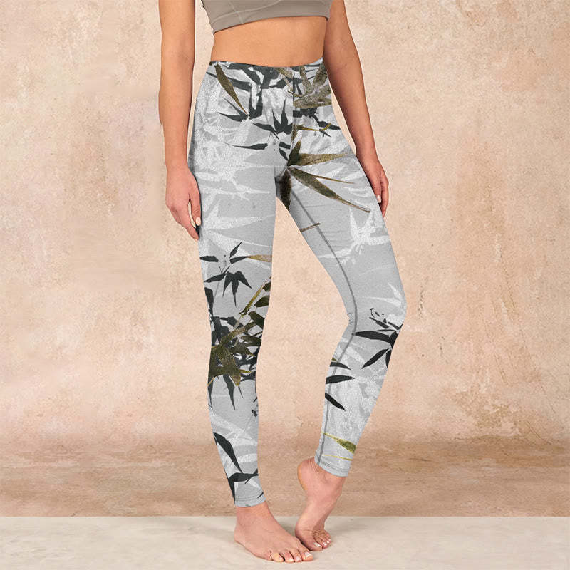 Dark Gray Bamboo Leaves Print Gym Leggings Women's Yoga Pants