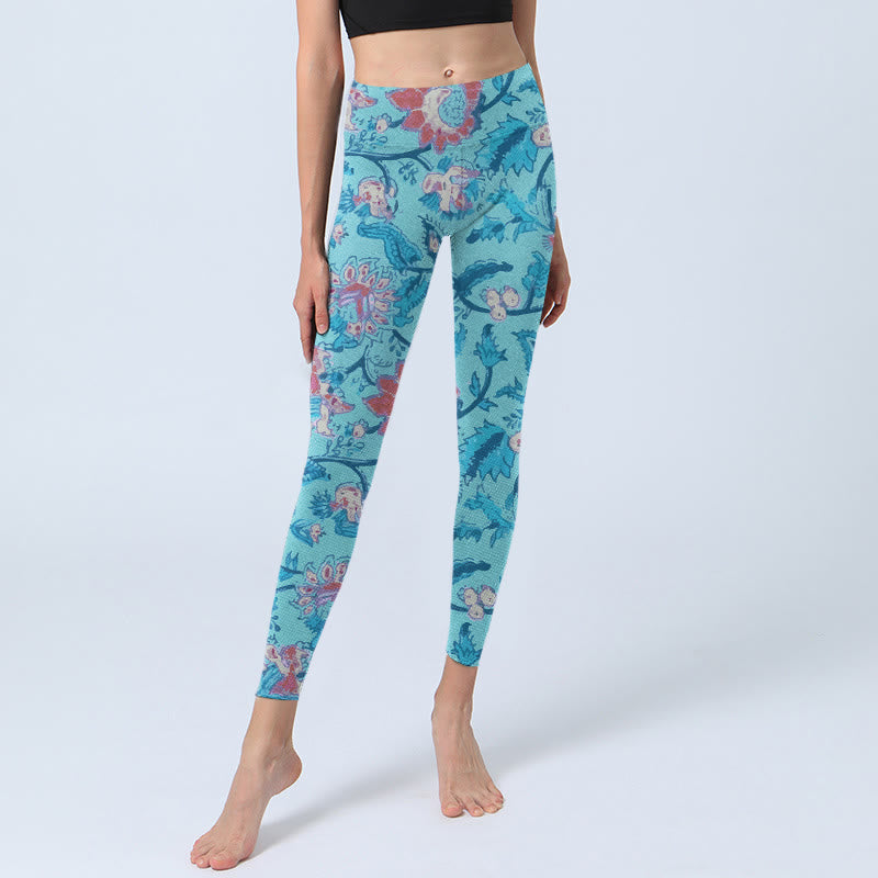 Blue Red Flowers Leaves Print Gym Leggings Women's Yoga Pants