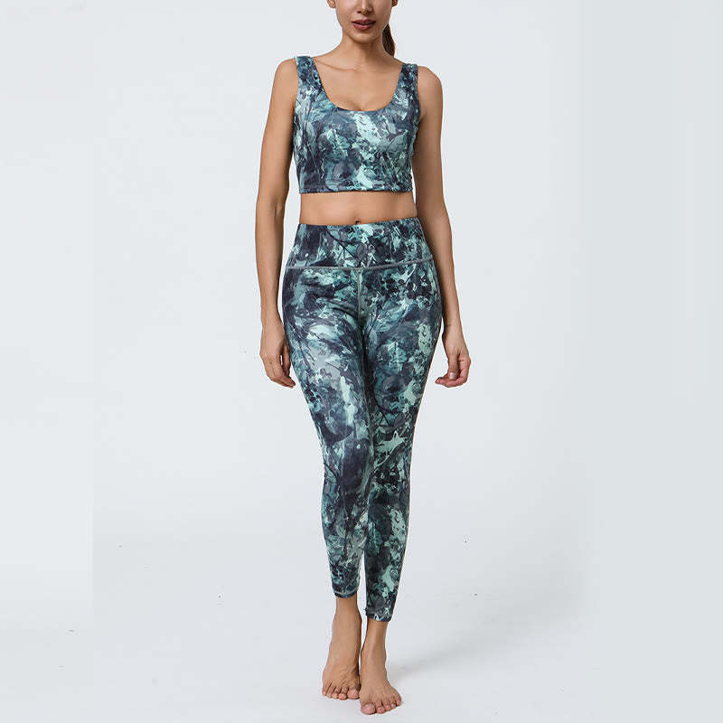 2Pcs Pineapple Grass Leaves Print Sports Fitness Crop Tank Bra High Waist Leggings Yoga Pants