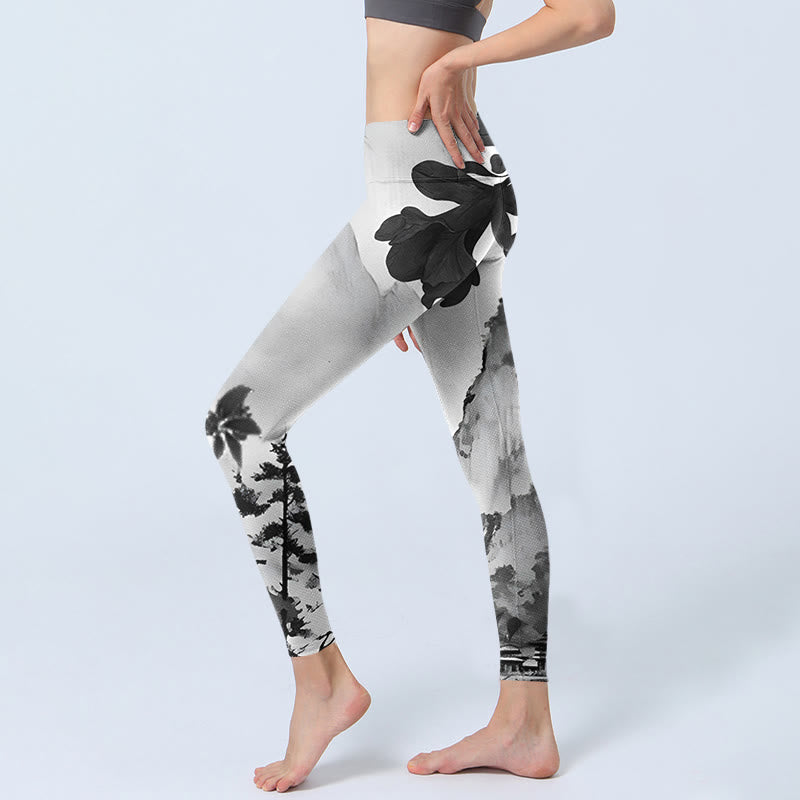Ink Painting Trees Mountains Scenery Print Gym Leggings Women's Yoga Pants