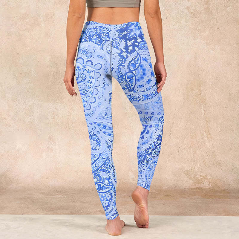 Persian Style RoyalBlue White Flowers Pattern Print Exercise Leggings Women's Yoga Pants
