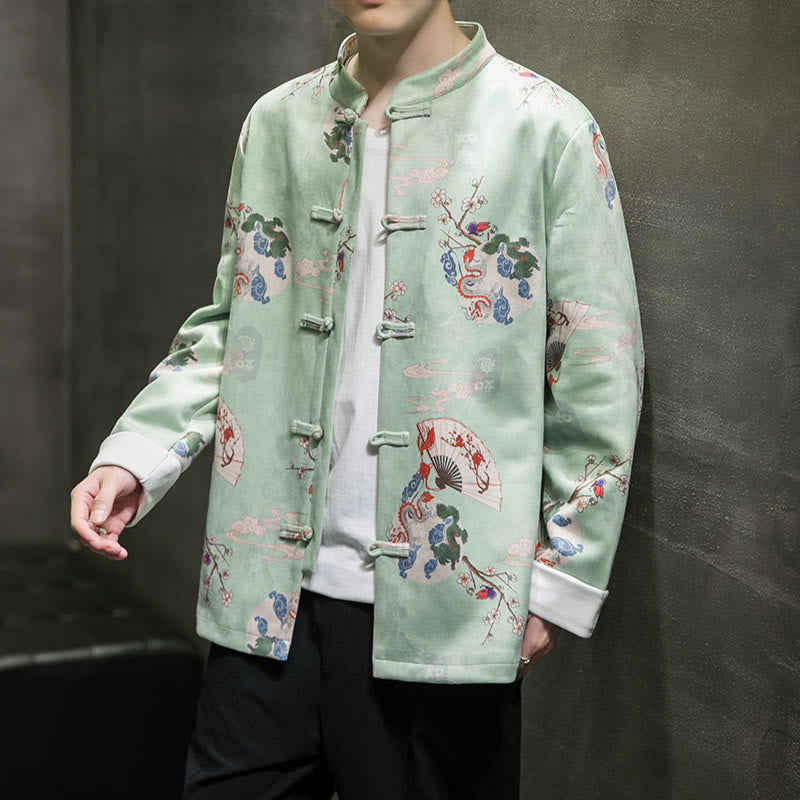 Chinese New Year Clothes Flowers Dragon Fan Auspicious Clouds Frog-button Tang Suit Cotton Men's Jacket Shirt