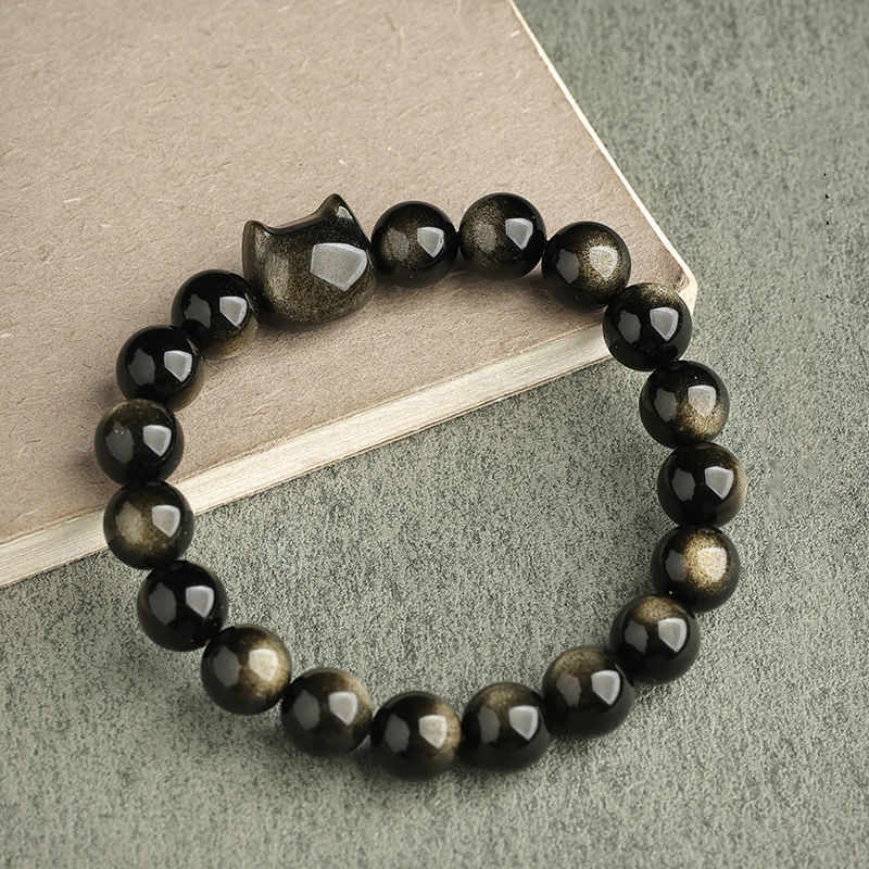 Gold Sheen Obsidian Silver Sheen Obsidian Lovely Paw Lucky Cat Protection Bracelet