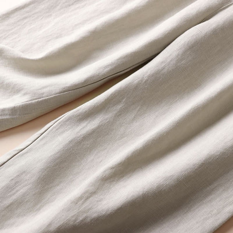 Commute Solid Color Drawstring 7-8 Length Cotton Linen Women's Wide Leg Pants With Pockets