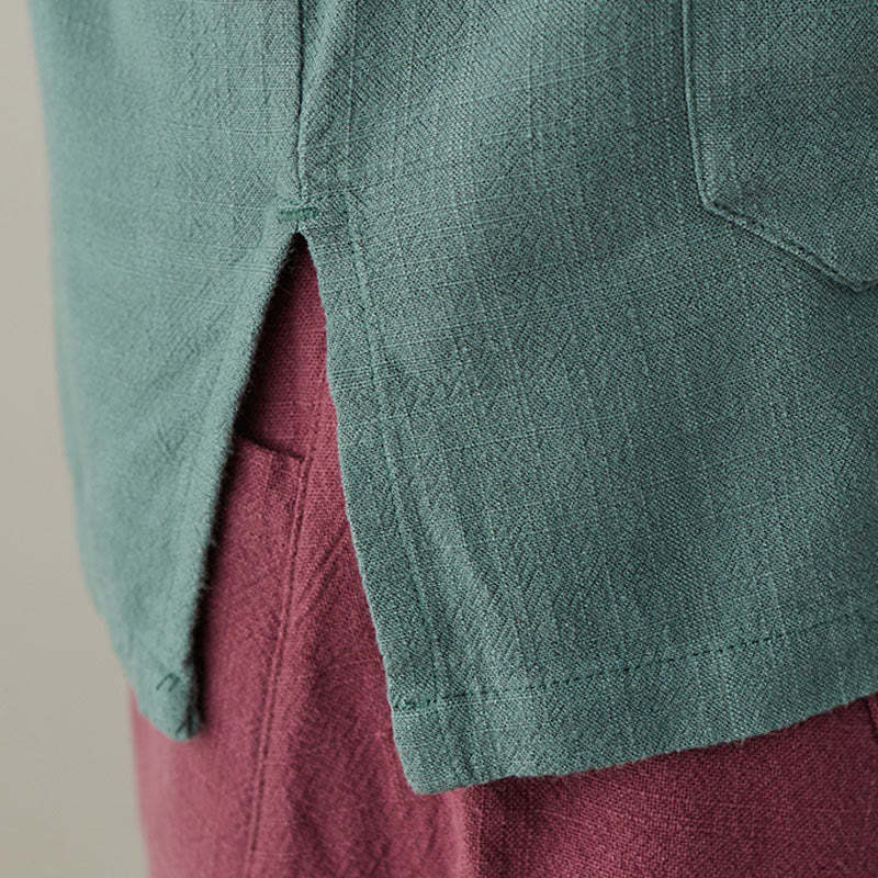 Solid Color Frog-button Long Sleeve Cotton Linen Women's Shirts With Pockets
