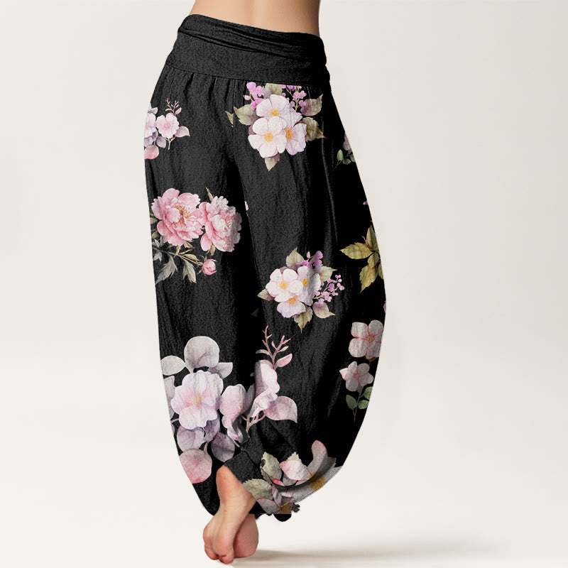 Peony White Flowers Pattern Design Women's Elastic Waist Harem Pants