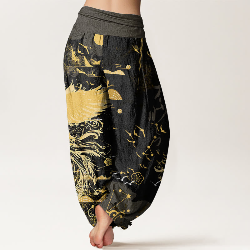 Casual Phoenix Waves Calligraphy Pattern Women's Elastic Waist Harem Pants