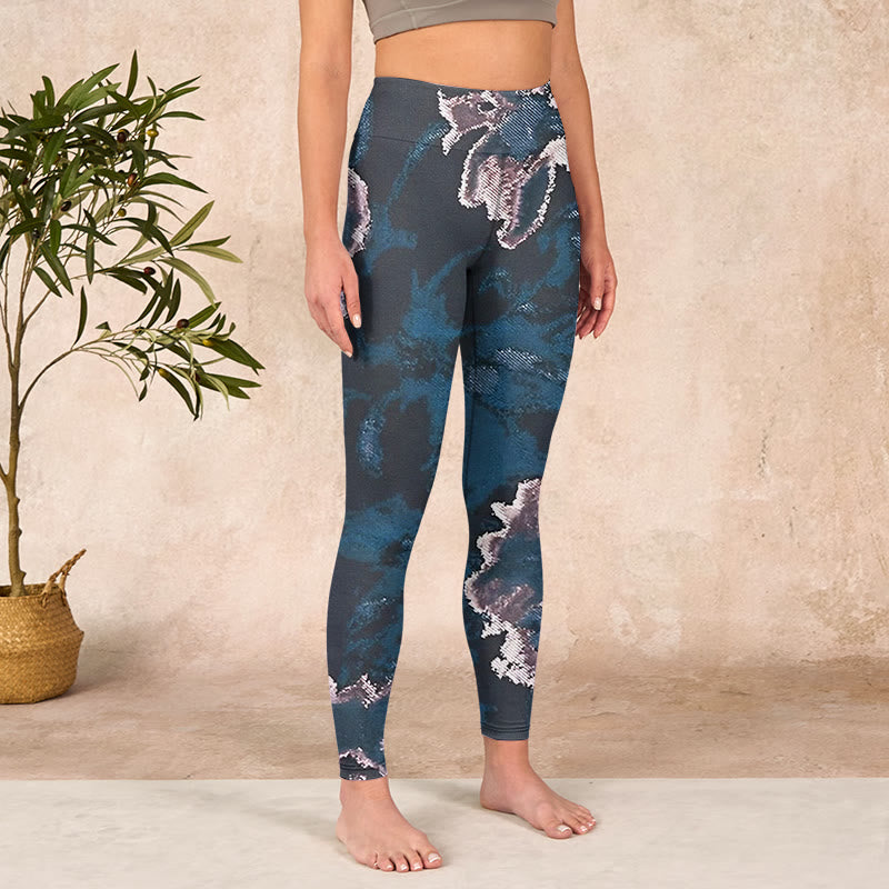 SteelBlue Silver Flowers Print Exercise Leggings Women's Yoga Pants