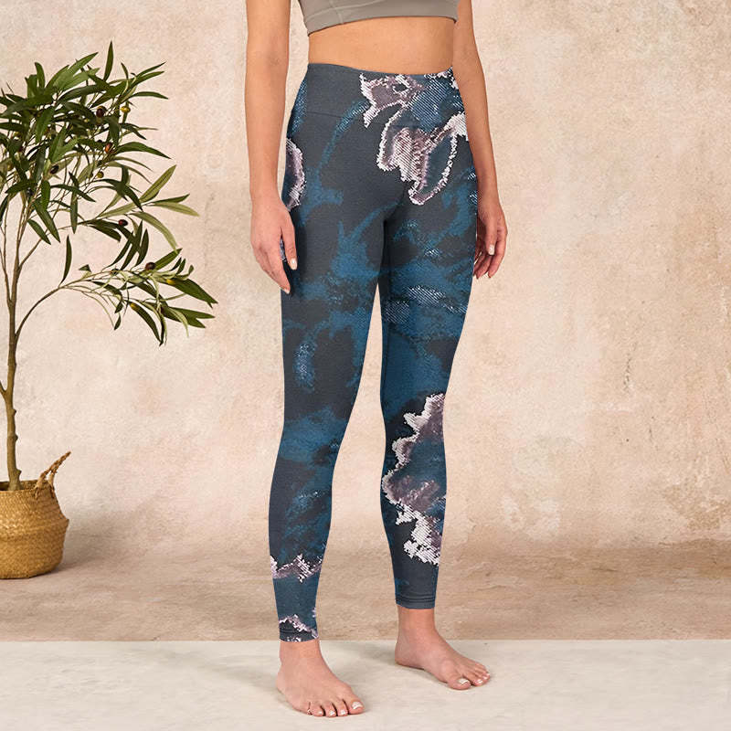SteelBlue Silver Flowers Print Exercise Leggings Women's Yoga Pants