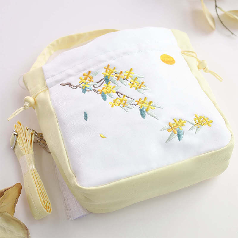 Embroidered Osmanthus Peony Grape Cat Cotton Linen Tote Crossbody Bag Shoulder Bag Handbag
