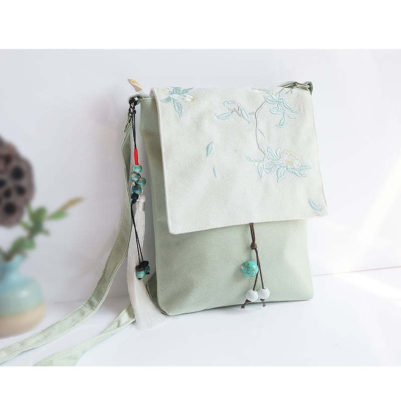 Handmade Embroidered Plum Flowers Canvas Crossbody Bag Shoulder Bag Handbag