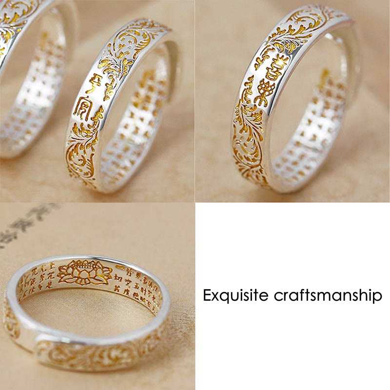 Peace and Joy Tang Dynasty Flower Design Lotus Heart Sutra Carved Copper Luck Adjustable Ring
