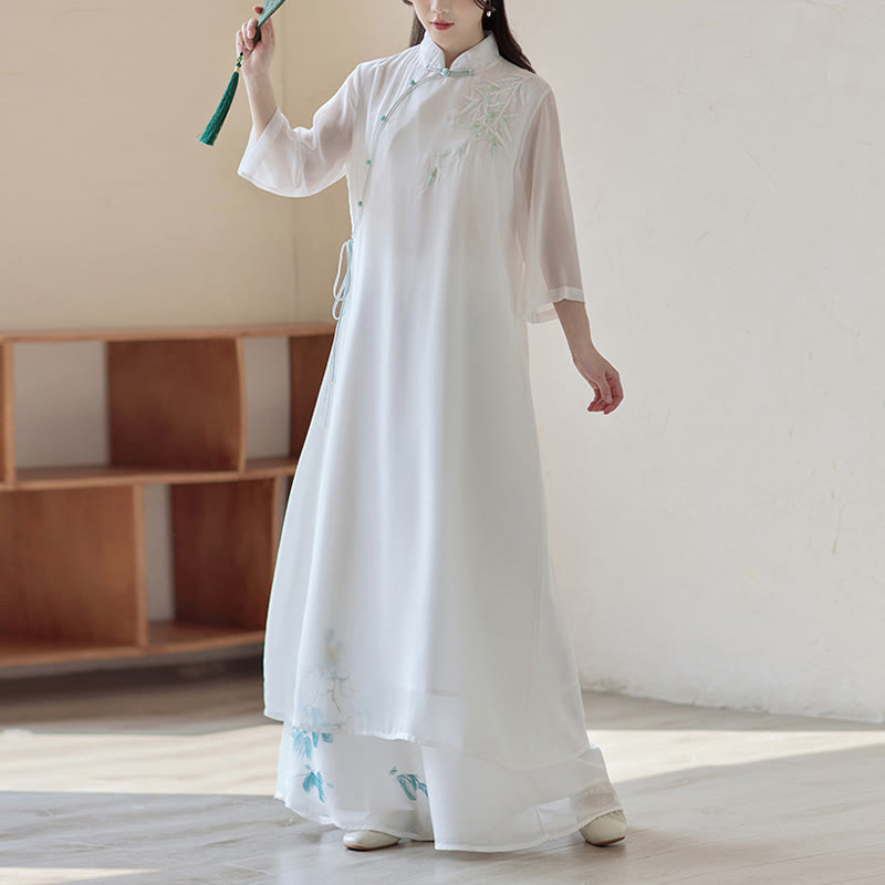 Bamboo Cheongsam Dress Midi Dress Wide Leg Pants Meditation Spiritual Zen Practice Clothing