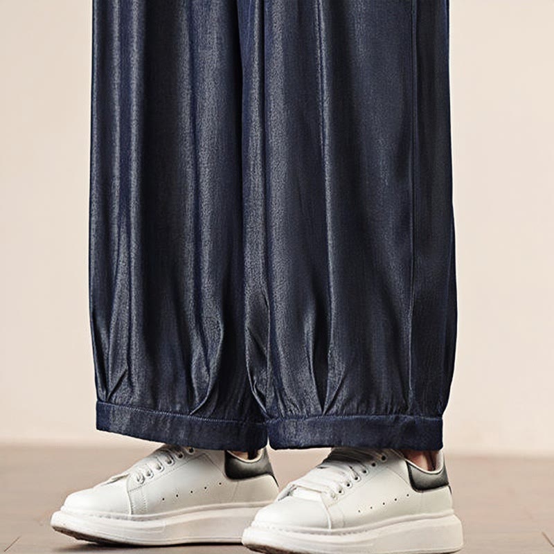 Spring Solid Color Cotton Drawstring Men's Wide Leg Pants With Pockets