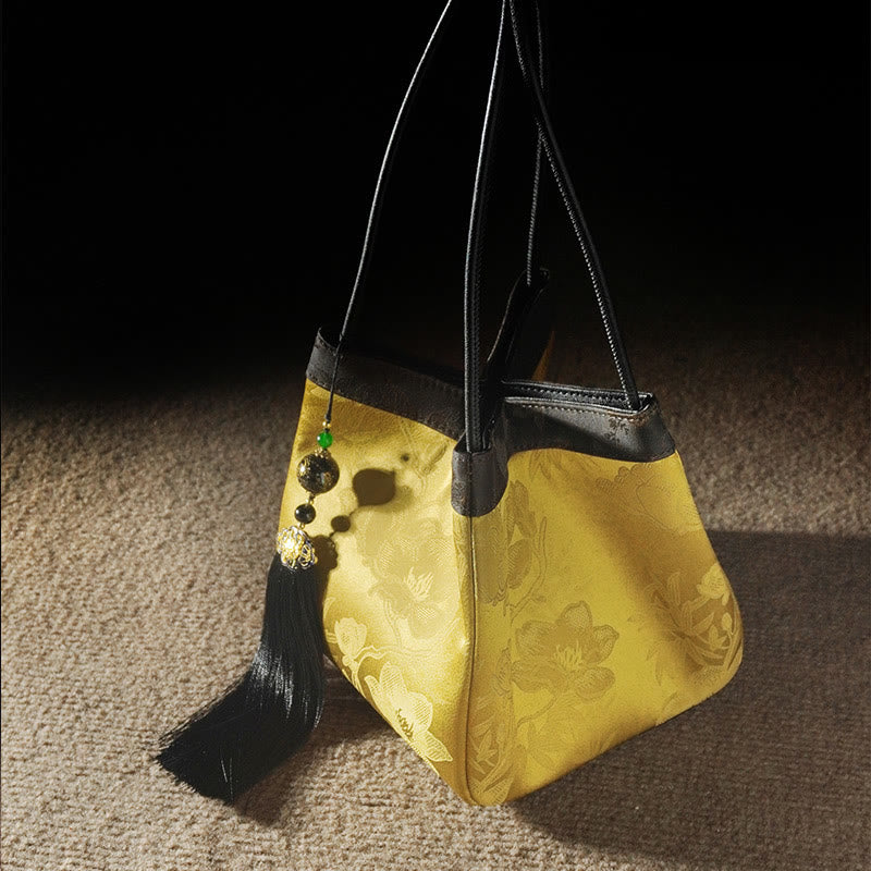 Retro Flower Butterfly Bird Embroidery Bead Tassel Mulberry Silk Jacquard Xiangyunsha Silk Shoulder Bag Hangbags