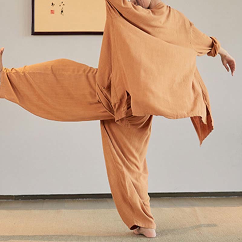 Plain Long Sleeve Coat Jacket Top Wide Leg Pants Zen Tai Chi Yoga Meditation Clothing