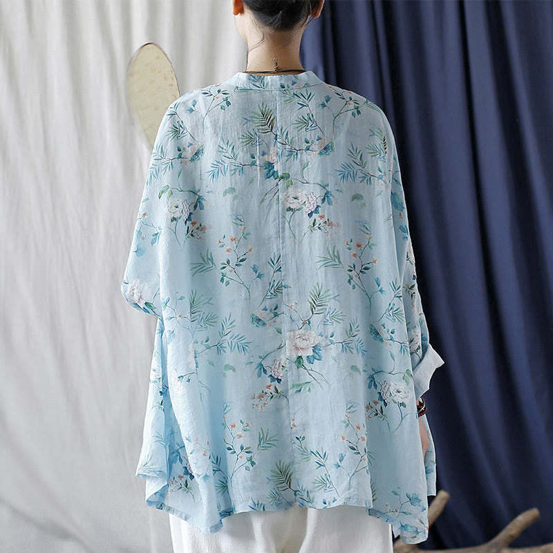 Light Green Pink Flowers Green Leaves Frog-Button Long Sleeve Ramie Linen Jacket Shirt