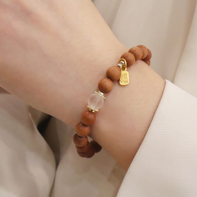 Sandalwood Cat's Eye Fu Character Charm Protection Bracelet