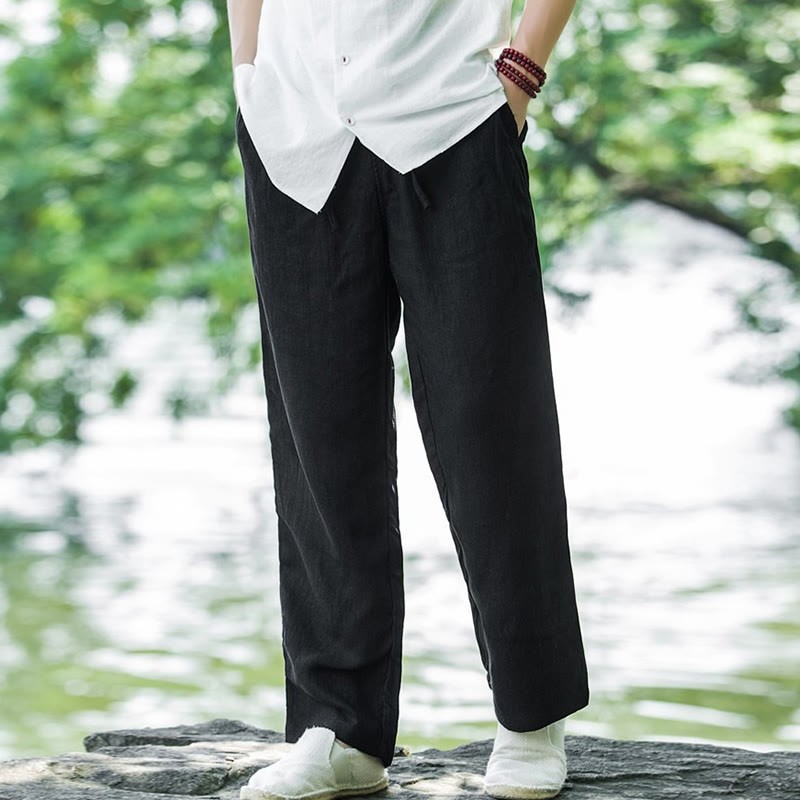 Solid Color Linen Men's Wide Leg Pants With Pockets