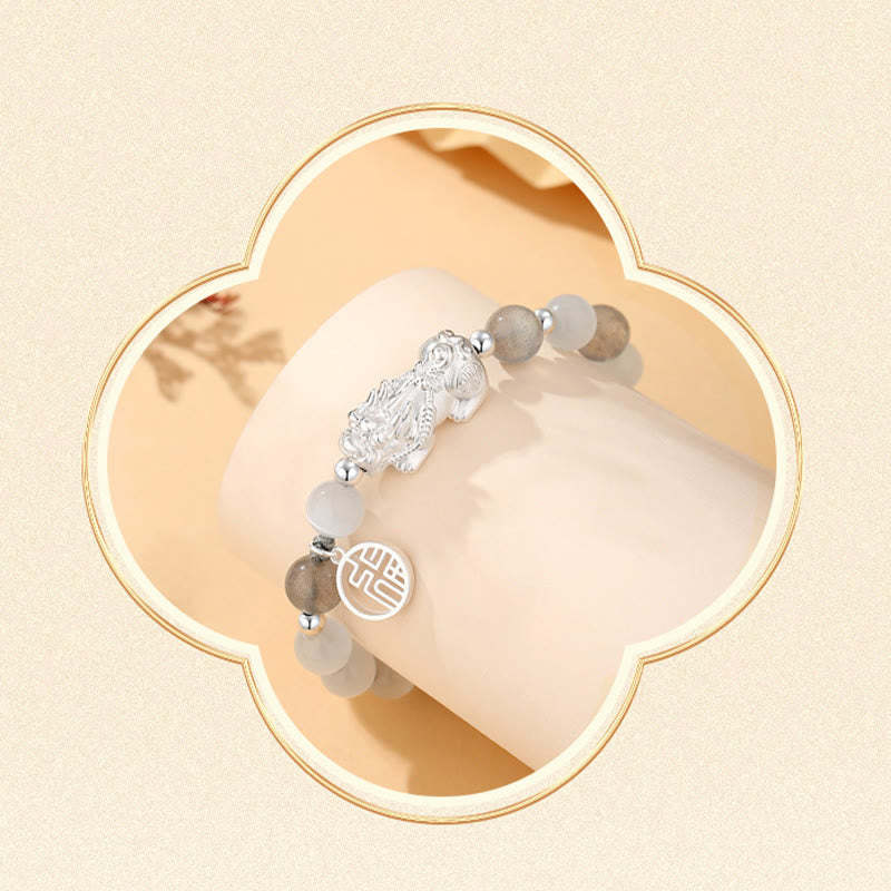 Pi Xiu Six True Words 999 Sterling Silver Black Obsidian White Turquoise Chrysoberyl Luck Bracelet