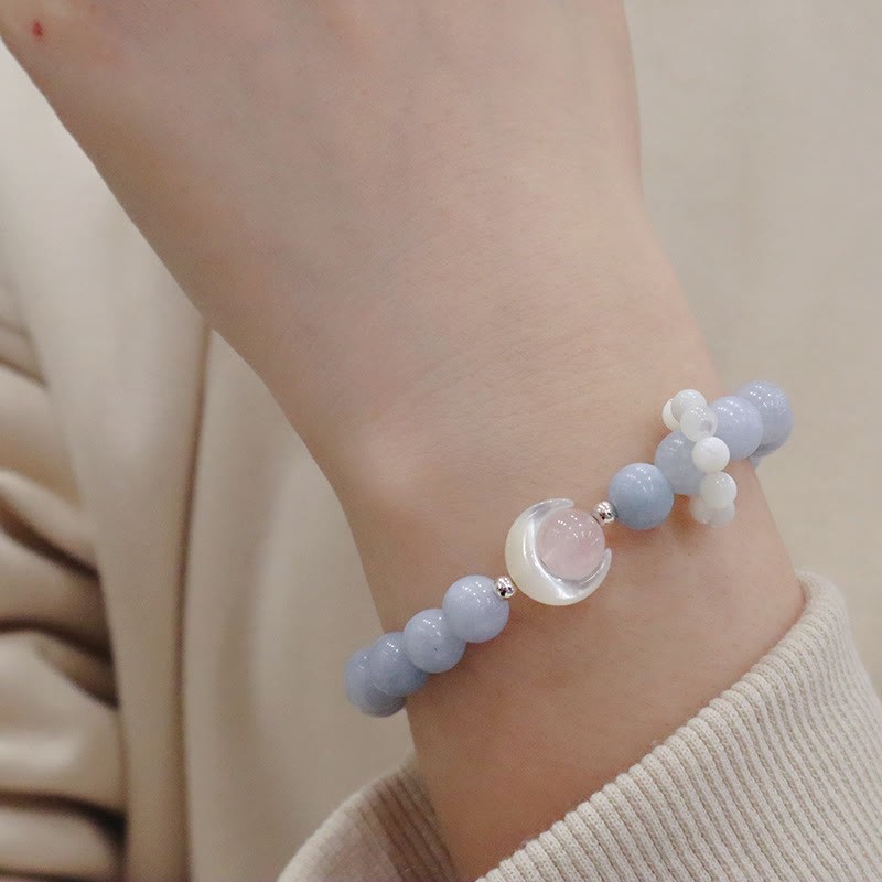 925 Sterling Silver Natural Amethyst Aquamarine Pink Crystal Cat's Eye Healing Crescent Moon Bracelet