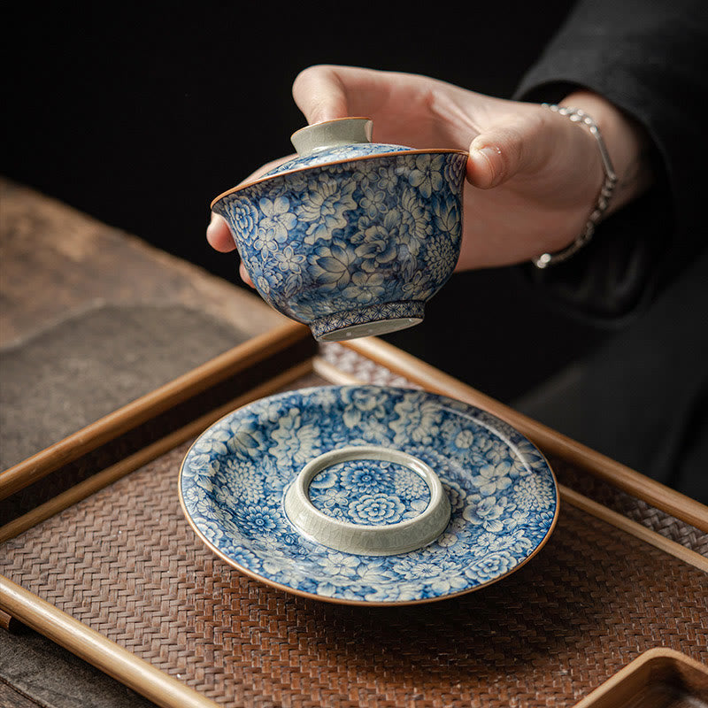 Vintage Blue And White Porcelain Peach Blossom Lotus Peony Ceramic Gaiwan Sancai Teacup Kung Fu Tea Cup And Saucer With Lid