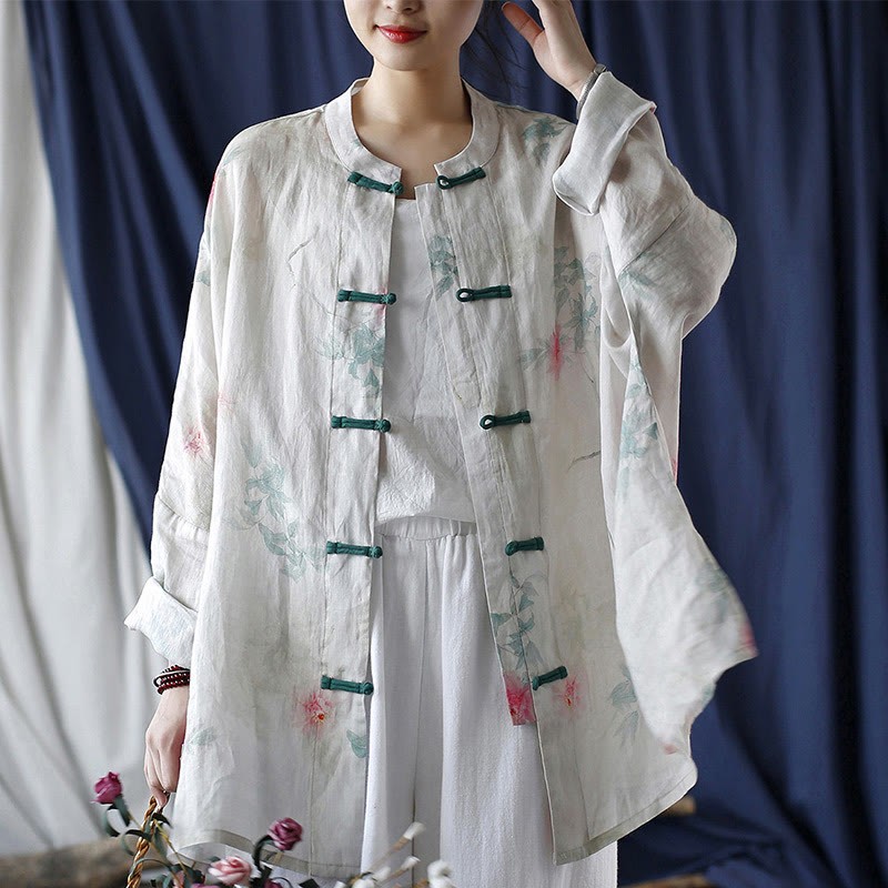 White Red Flowers Green Leaves Frog-Button Long Sleeve Ramie Linen Jacket Shirt