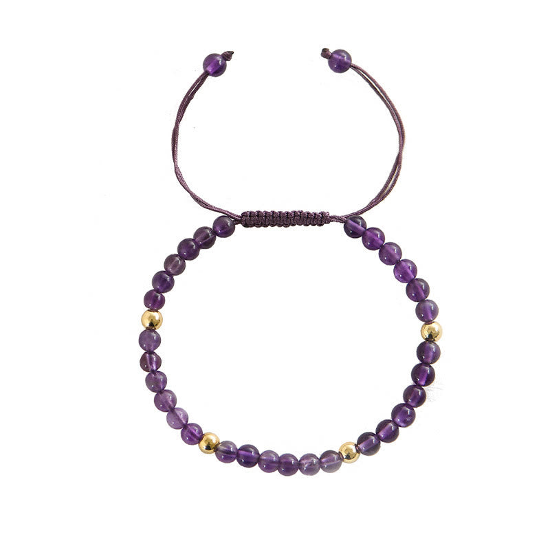4mm Handmade Natural Amethyst 14k Gold Plated Copper Beads Braided String Relieves Stress Bracelet