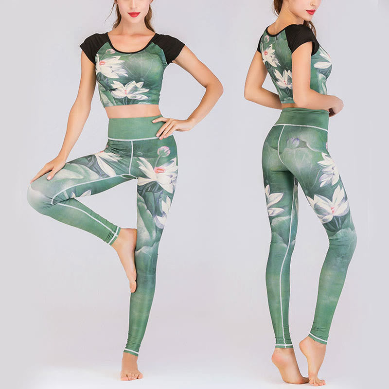 Lotus Cherry Blossom Gradient Peacock Print Lycra Fabric Fitness Leggings Women's Yoga Pants
