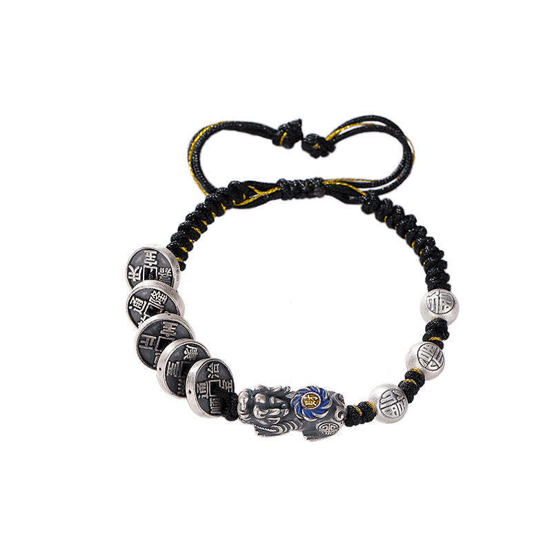999 Sterling Silver FengShui PiXiu Copper Coin Fu Character Wealth Braided Bracelet