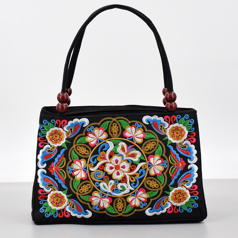 Galsang Inula Flower Peony Peacock Double-Sided Embroidery Canvas Shopping Purse Handbag