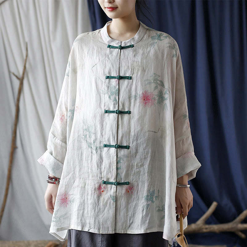 White Red Flowers Green Leaves Frog-Button Long Sleeve Ramie Linen Jacket Shirt