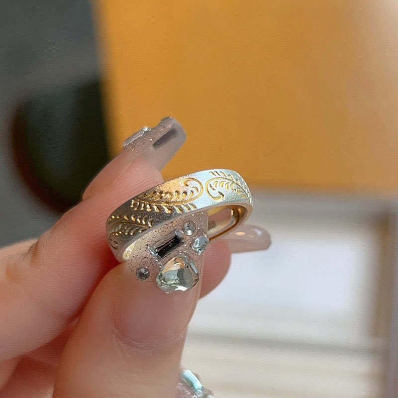 mystic zen Stone 999 Sterling Silver Gold-Painted Joyful Flower Pattern Peaceful Heart Sutra Ring