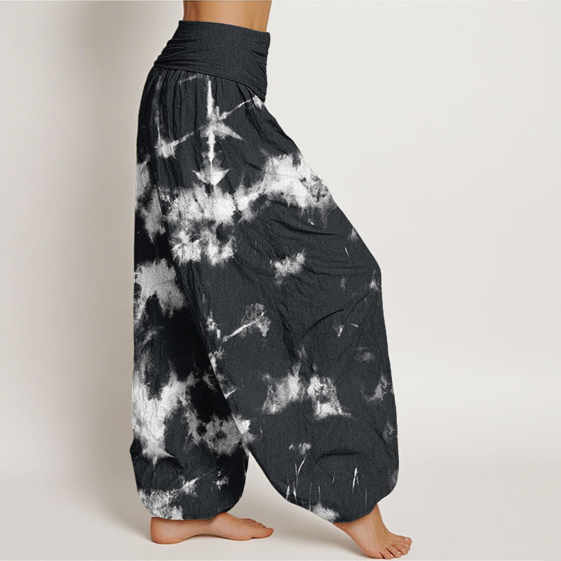 White Lines Spots Tie-Dye Pattern Women's Elastic Waist Harem Pants