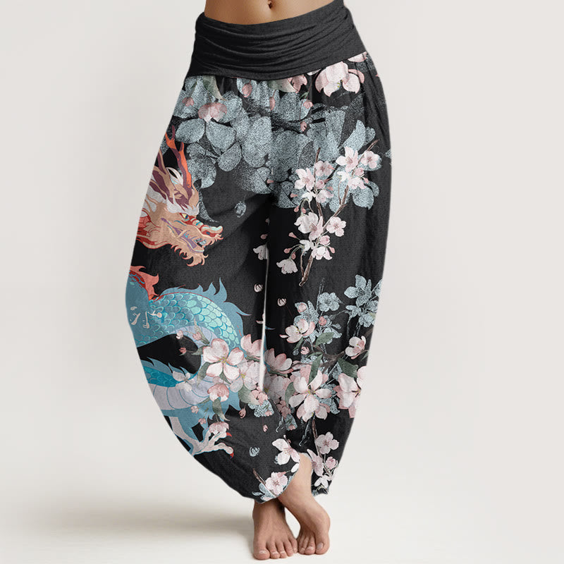 Casual Dragon Cherry Blossoms Women's Elastic Waist Harem Pants
