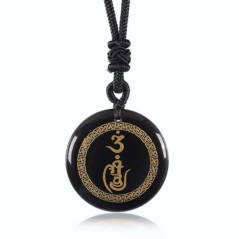 Swastika Pattern Vajra Protection Mantra Natural Various Crystal Black Obsidian Purification Necklace Pendant
