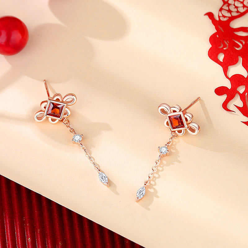 925 Sterling Silver Chinese Knotting Red Zircon Wealth Necklace Pendant Bracelet Earrings Set