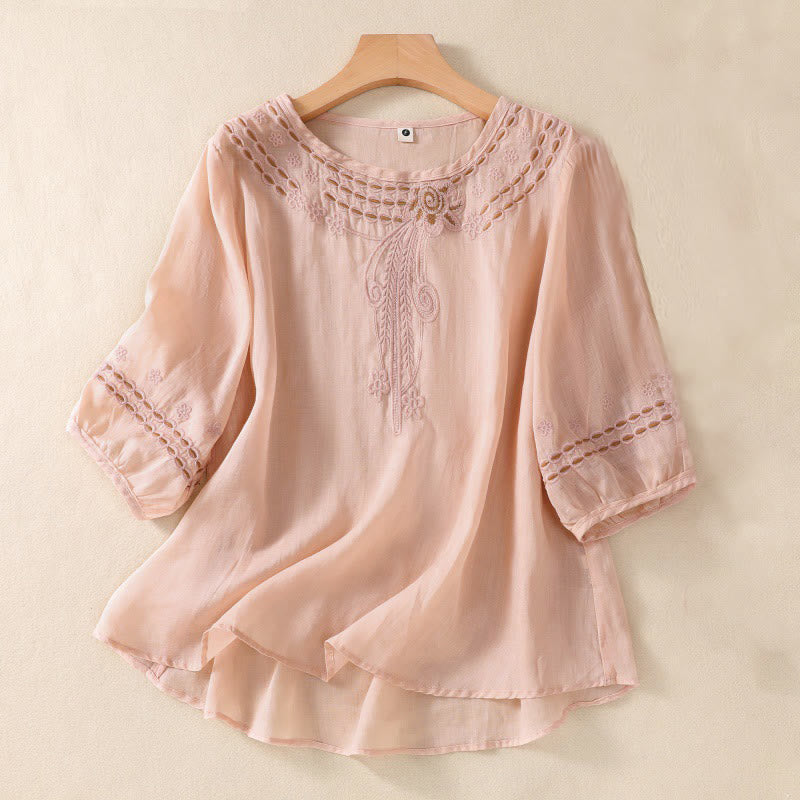 Women's Crew Neck Hollow Design Half Sleeve Cotton Linen Shirt