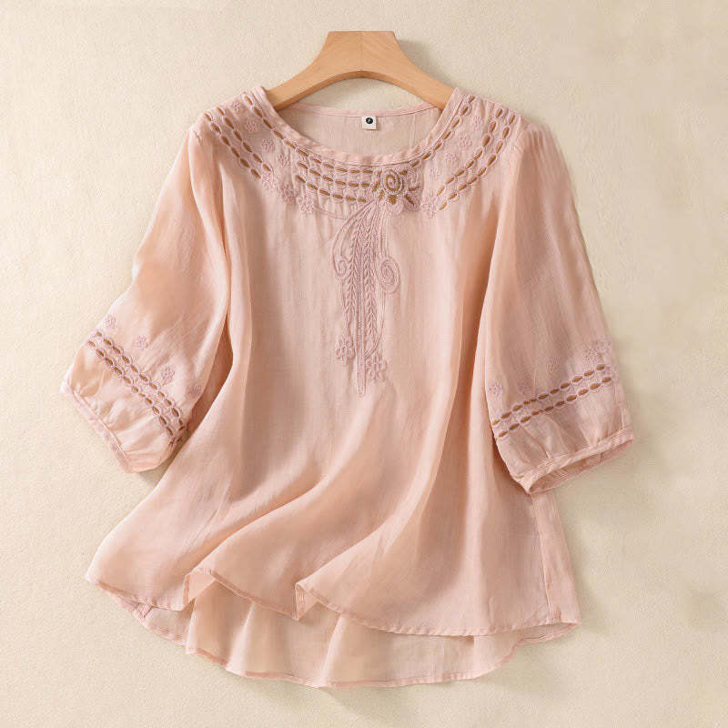 Women's Crew Neck Hollow Design Half Sleeve Cotton Linen Shirt