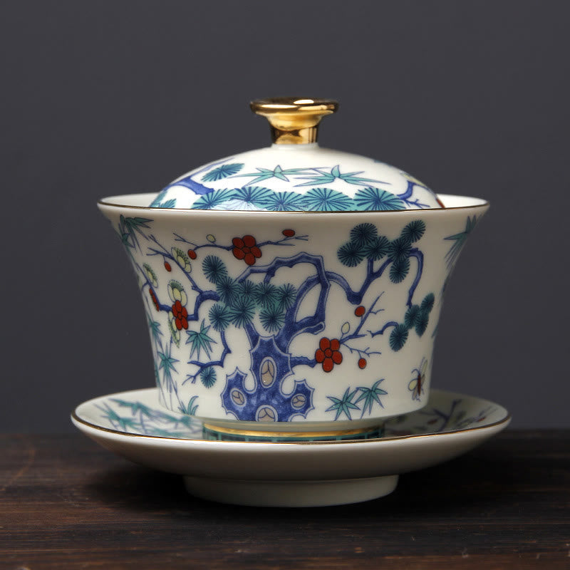 Retro Plum Blossom Pine Bamboo Phoenix Kirin Ceramic Gaiwan Sancai Teacup Kung Fu Tea Cup and Saucer with Lid