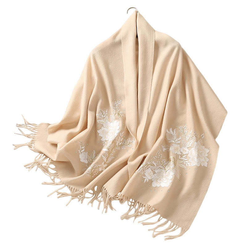 Wool Shawl White Flower Embroidery Tassel Winter Cozy Travel Scarf Wrap